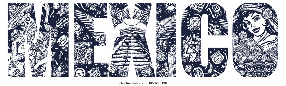 Mexico slogan. Double exposure lettering.  Skeleton with guitar, mexican woman and aztec pyramids. Mayan concept. Day Of Dead art. Old school tattoo vector art. National culture and people 