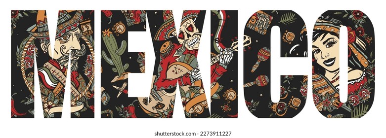 Mexico slogan  Skeleton and guitar  mexican woman  National culture   people style  Day Of Dead art  Old school tattoo vector art