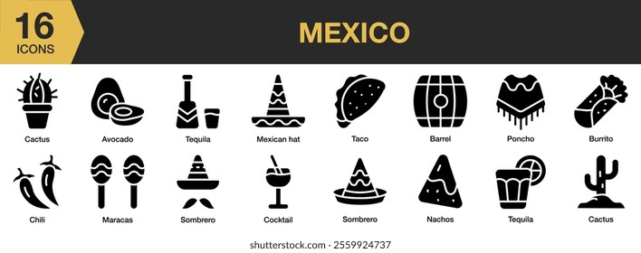 Mexico solid icon set. Includes mexico, culture, festival, celebration, party, and More. Solid icons vector collection.
