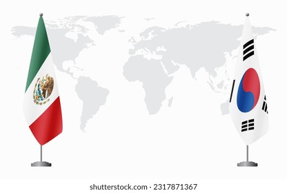 Mexico and South Korea flags for official meeting against background of world map.