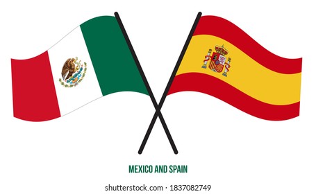 Banderas de México y España cruzadas y ondeadas de estilo plano. Proporción oficial. Colores correctos.