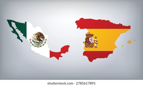 Mexico and Spain Map Flags Vector Illustration, Mexico and Spain Country Shapes Design
