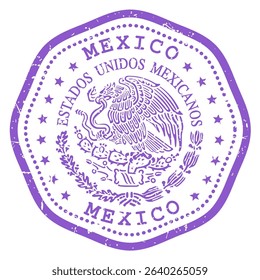 Mexico stamp with state seal or coat of arms, United Mexican States travel stamp, shabby postmark, vector