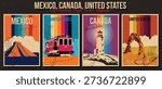 Mexico Step Pyramid, USA San Francisco Tram, Canada Cape Mudge Lighthouse, United States Delicate Arch, Arches National Park Main Tourist Attractions Postcards, Vector Templates Retro Style Greeting Card Set, 1970s - 1980s Vintage Color Stripes