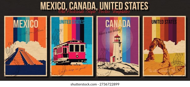 Mexico Step Pyramid, USA San Francisco Tram, Canada Cape Mudge Lighthouse, United States Delicate Arch, Arches National Park Main Tourist Attractions Postcards, Vector Templates Retro Style Greeting Card Set, 1970s - 1980s Vintage Color Stripes