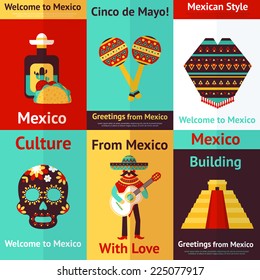 Mexico style culture building travel mini retro posters set isolated vector illustration