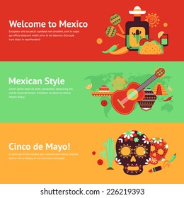 Mexico style travel music and food symbols banner set isolated vector illustration