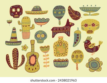 Mexico stylish vector illustration. Icons set, design element. Collection Traditional Mexican symbols maracas, mexican guitar, Mexican skull, sombrerero,cacti, pinata, red pepper. Vector