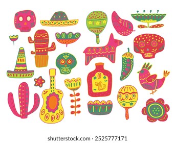 Mexico stylish vector illustration. Icons set, design element. Collection Traditional Mexican symbols maracas, mexican guitar, Mexican skull, sombrerero,cacti, pinata, red pepper. Vector