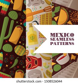 Mexico symbols seamless pattern, vector illustration. Mexican culture flat icons, national cuisine and tourist attractions. Sightseeing tour in Mexico, local food, historic landmarks. Wrapping paper