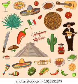 Mexico symbols. Set of icons and landmarks Mexico: sambrero, tequila, cactus, Aztec, chili, flag, maracas, Guacamole sauce, theotiugcan, machete, pyramid, obsidian, cocoa.