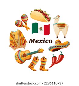 Mexiko Symbole setzen, Sambrero, Poncho, Gitarre, Cowboystiefel, Maracas, Lamas und Flagge. Illustration, Vektorgrafik