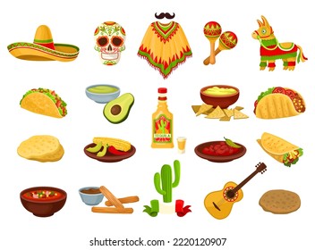 Mexico Symbols with Sombrero Hat, Traditional Food, Tequila, Maraca, Tortilla, Poncho and Pinata Big Vector Set