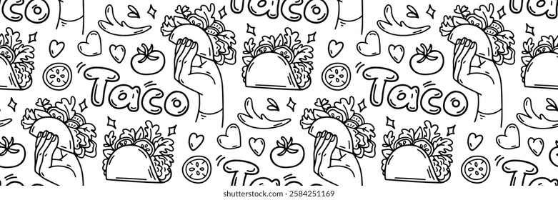 Mexico Taco doodle pattern. Delicious traditional Mexican food. Tortilla with meat and vegetables in hand. Lettering, Mexico background. Vector outline illustration. For packaging, menu and brand