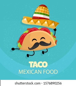 Mexiko-Taco-Poster im Cartoon-Stil. Taco mit traditionellem mexikanischen Hut mit Schnurrbart und fröhlicher Emotion. Vektorillustration von Lebensmitteln.