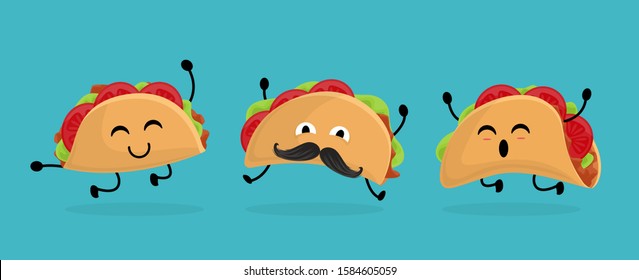 Mexico taco set in cartoon style. Taco with traditional Mexican food. With moustache and happy emotion. Vector character.