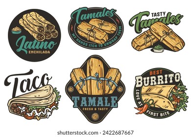 Mexico tamale set vector with corn leaves for logo or emblem. Latin traditional burrito and taco collection for restaurant or cafe of Mexico fast food.