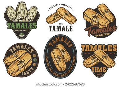 Mexico tamale set vector with corn leaves for logo or emblem. Latin traditional tamales collection for restaurant or cafe of Mexico fast food.