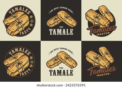 Mexico tamale set vector with corn leaves for logo or emblem. Latin traditional tamales collection for restaurant or cafe of Mexico fast food.