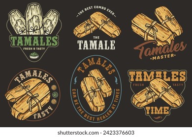 Mexico tamale set vector with corn leaves for logo or emblem. Latin traditional tamales collection for restaurant or cafe of Mexico fast food.