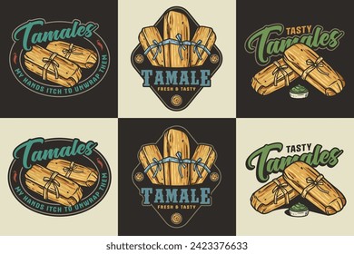 Mexico tamale set vector with corn leaves for logo or emblem. Latin traditional tamales collection for restaurant or cafe of Mexico fast food.