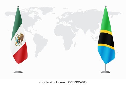 Mexico and Tanzania flags for official meeting against background of world map.