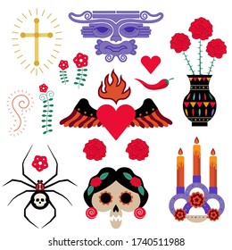 Mexico tattoo or sticker elements set with Mexican Day of Dead traditional symbols, burning candles in candle holder, spider, scull, winged flaming heart, flowers, cross and roses in ornamented vase.