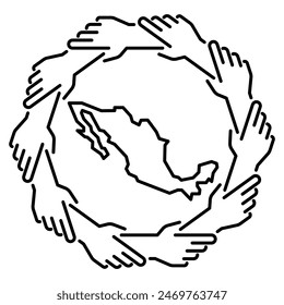 Mexico teamwork icon, group of people holding arms around Mexico map, Mexican community working together concept, helping hand, diversity and inclusion, isolated line vector illustration