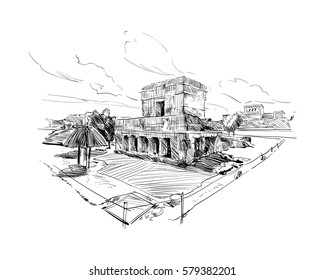 Mexico. Temple of the Frescoes. Hand drawn vector illustration.