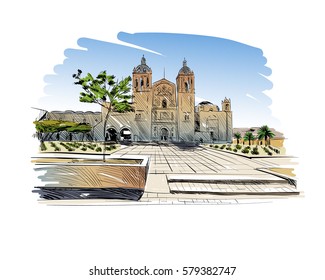 Mexico. Templo de Santo Domingo de Guzman. Hand drawn vector illustration.