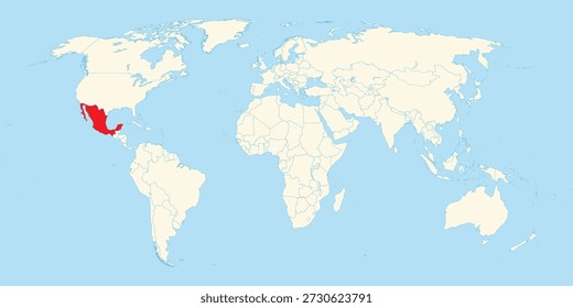 mexico territory highlighted in red on world map for school education and international travel geography visualization