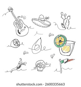 mexico themed element doodle vector illustration, line brush. Element, hand lettering. Vector hand doodle
