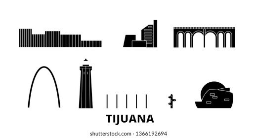 Mexico, Tijuana flat travel skyline set. Mexico, Tijuana black city vector illustration, symbol, travel sights, landmarks.