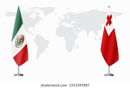 Mexico and Tonga flags for official meeting against background of world map.