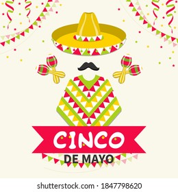 Mexico traditional fiesta. Cinco de Mayo Mexican holiday celebration greeting card. Traditional mexican poncho and hat. Vector illustration.