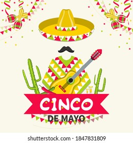 Mexico traditional fiesta. Cinco de Mayo Mexican holiday celebration greeting card. Traditional mexican poncho and hat. Vector illustration.