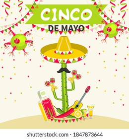 Mexico traditional fiesta. Cinco de Mayo Mexican holiday celebration greeting card. Vector illustration.