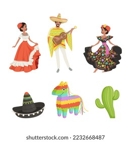 Mexico traditional objects set and people in mexican national costume vector illustration