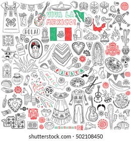 Mexico. Traditional symbols - flag, map silhouette, sombrero, mariachi guitar, cactus, poncho, taco, tequila, food,  folk art. Hand drawn doodles set. Vector illustration isolated on white background.