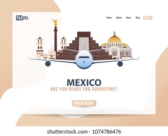 Mexico. Travel banner or web template for web site or landing page. Time to travel. Vector UI illustration