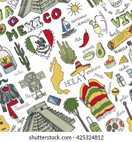 Mexico Travel doodle symbols seamless pattern,background.Vector Hand drawn sketchy element.Vintage historic Mexican design.Pyramid,Mexican food,dress,signs,Lettering.Mexico clipart.Retro Illustration.