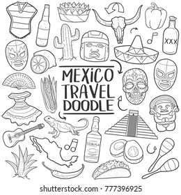 Mexico Travel Elements Traditional Doodle Icons Sketch Hand Made Design Vector.