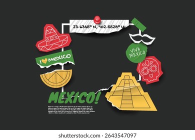 Mexico travel frame collage photos with scrapbook torn paper style.