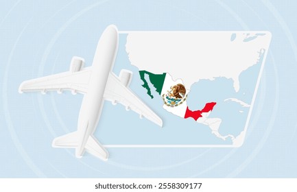 Mexico Travel Illustration with Plane and National Flag. Ideal for travel agencies, promotional materials, or geographic content related to Mexico.