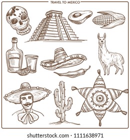 Mexico travel ladmarks vector sketch symbols