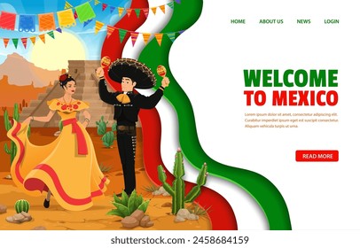 Mexico travel landing page with paper cut design with Mexican flag, vector template. Welcome to Mexico landing page with Aztec pyramid and Mariachi musician in sombrero for travel and tourism website