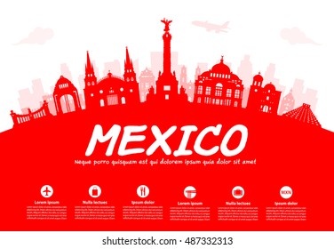 Mexico Travel Landmarks. Vector and Illustration