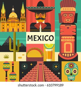 Mexico travel poster concept. Vector illustration of Mexican culture and food, including maracas, Sugar skull, Mayan pyramid, mariachi portrait and taco in trendy flat style. Isolated on background.