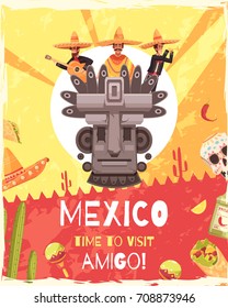 Mexico travel poster with invitation words and mexican ancient mythology and culture symbols flat vector illustration