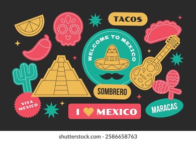 Mexico travel  stickers elements collection in flat style